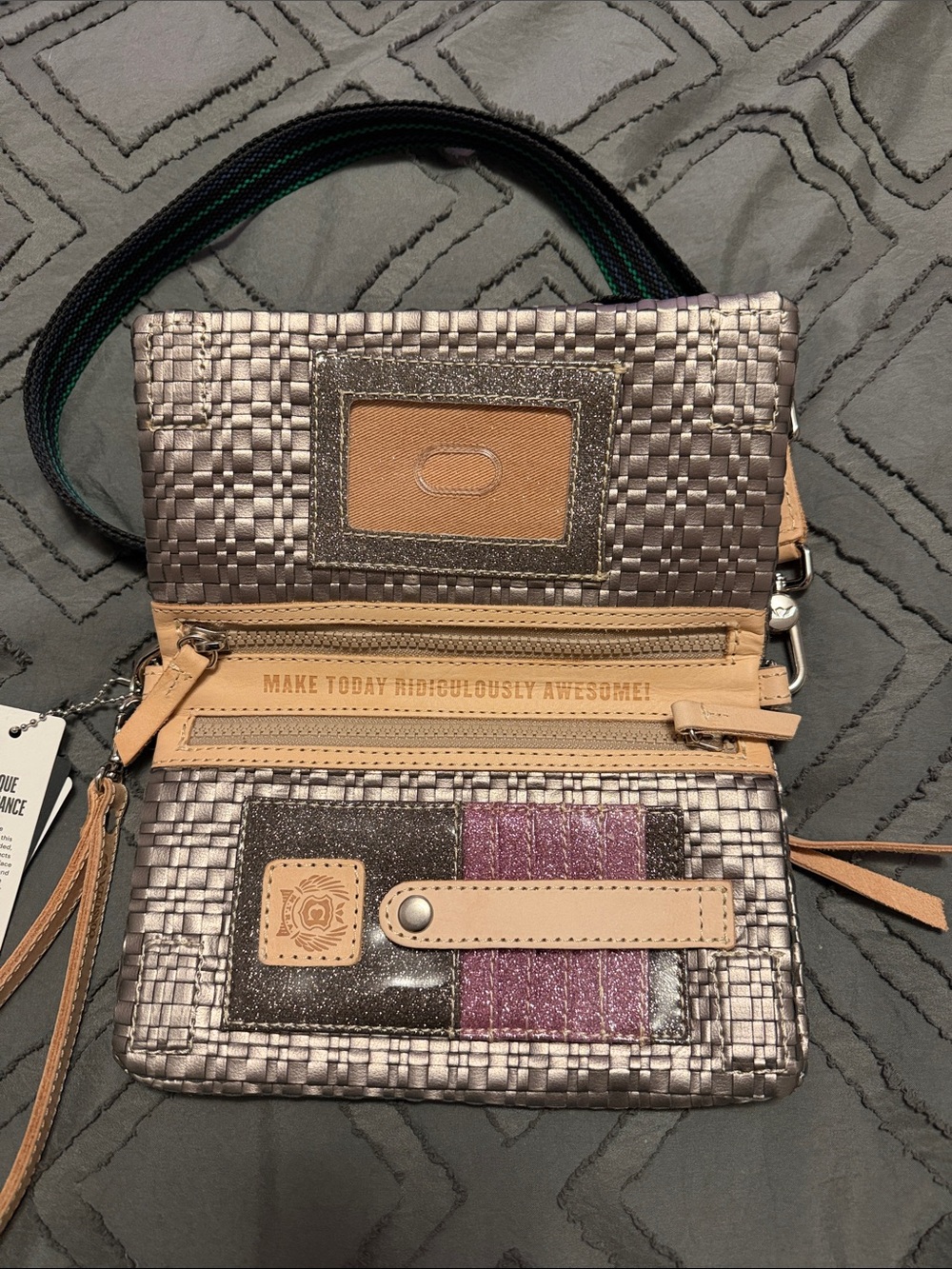 Consuela Uptown Lex Silver Woven Crossbody with Black & Green Strap - Picture 2 of 7